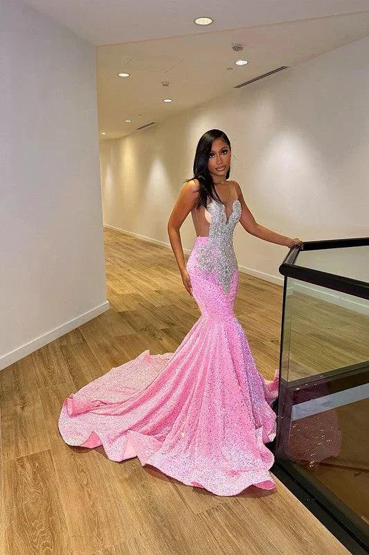 Deluxe Floor Length Sleeveless Mermaid Sequined Prom Dress with Ruffles - Image 5