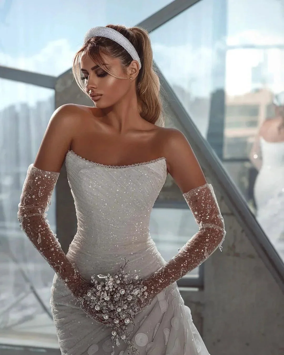 Deluxe Floor Length Strapless Sleeveless Sequined Wedding Dress with Ruffles - Image 2