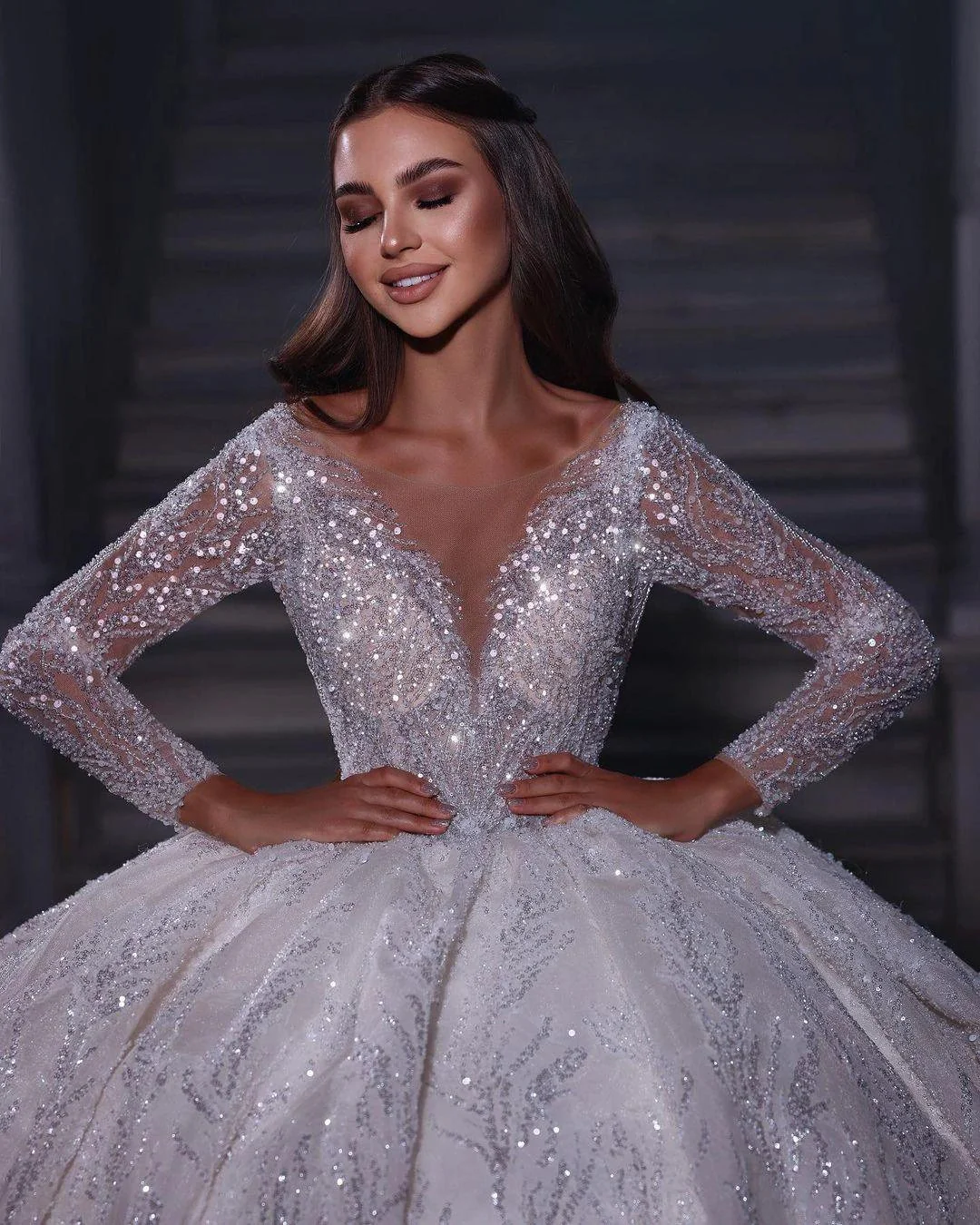 Deluxe Floor Length Sweetheart Long Sleeves A-Line Sequined Wedding Dress with Ruffles - Image 2