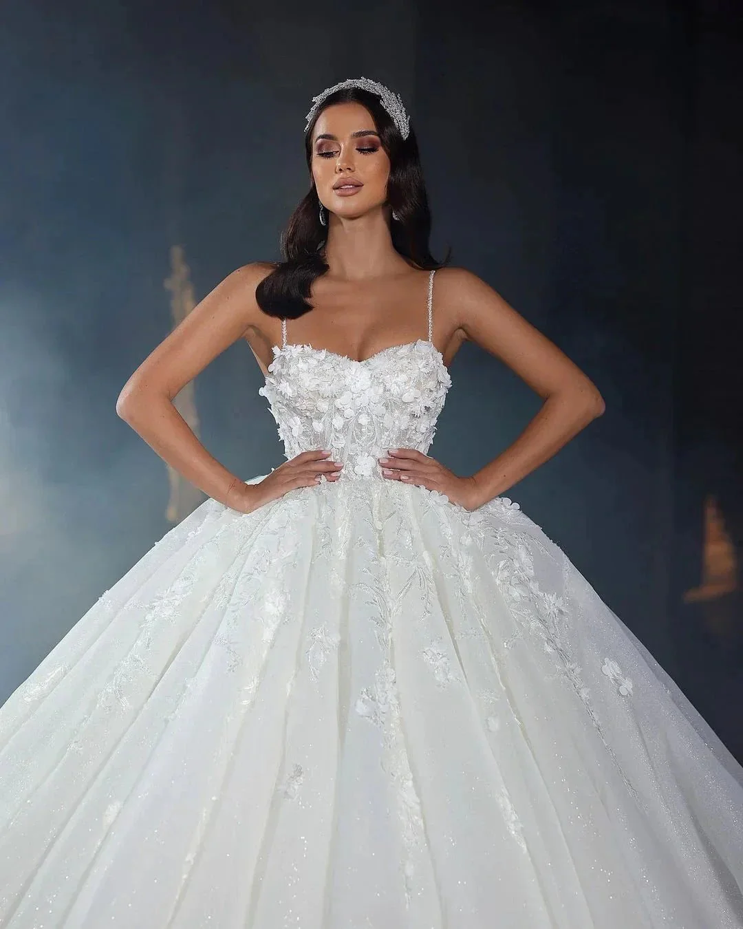 Deluxe Floor Length Sweetheart Sleeveless Spaghetti Straps A-Line Lace Wedding Dress with Ruffles - Image 2