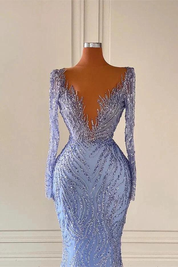 Deluxe Floor Length V-Neck Long Sleeves Mermaid Satin Prom Dress with Beads - Image 2