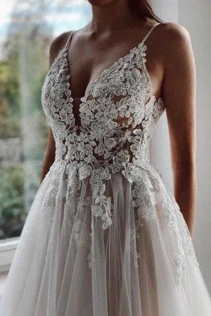 Designer A-line Appliques V-neck Wedding Dresses With Lace - Image 2