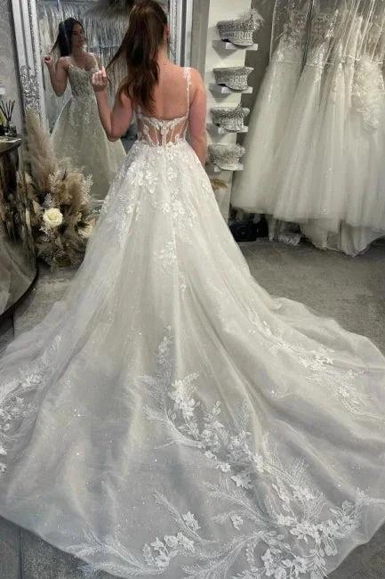 Designer A-Line Lace Sweetheart Sleeveless White Wedding Dress With Train - Image 2