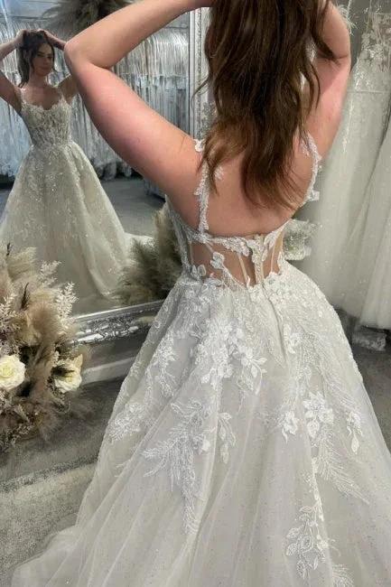 Designer A-Line Lace Sweetheart Sleeveless White Wedding Dress With Train - Image 3