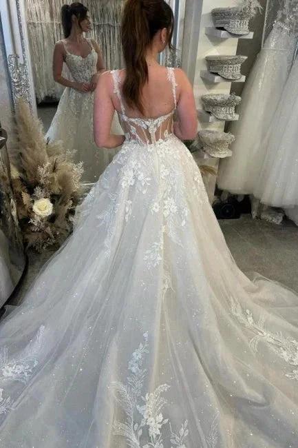 Designer A-Line Lace Sweetheart Sleeveless White Wedding Dress With Train - Image 4
