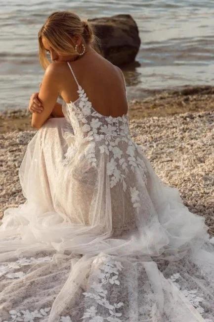 Designer A-Line Lace Spaghetti Straps Sleeveless White Wedding Dress With Appliques - Image 2
