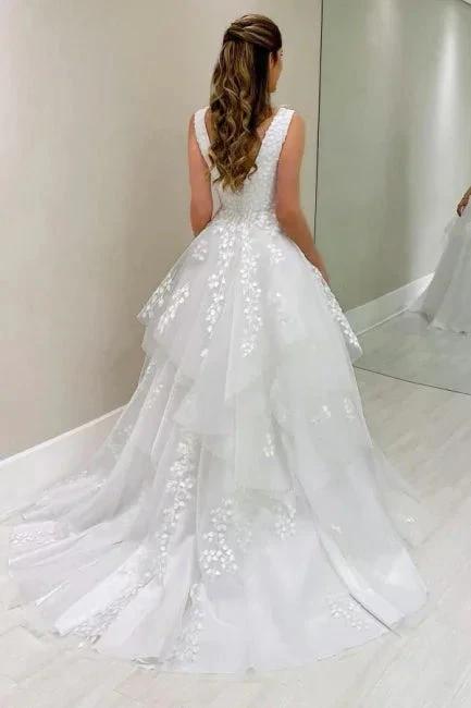 Designer A-Line Lace V-Neck Sleeveless White Wedding Dress With Appliques - Image 2