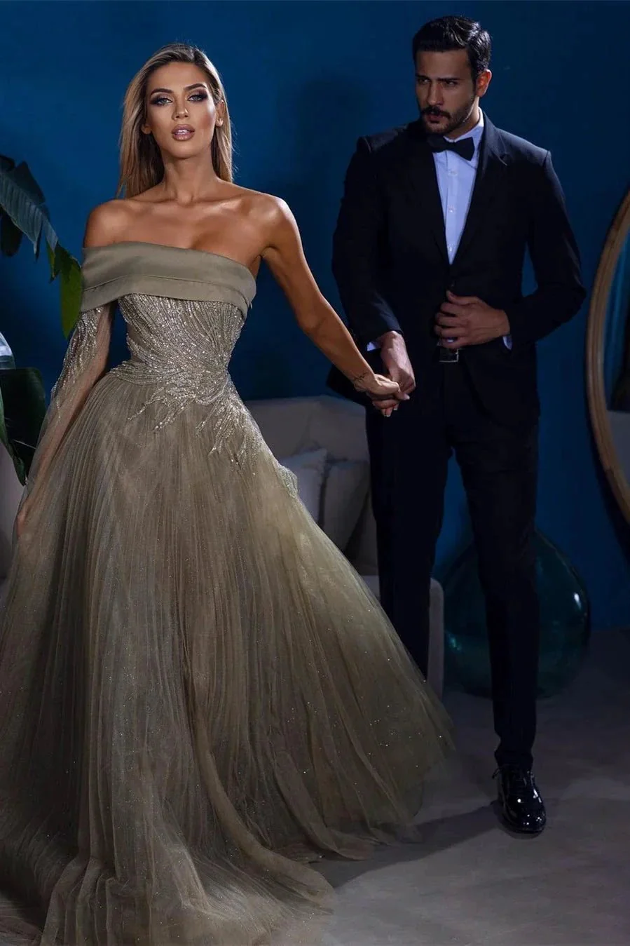 Designer A-line Off-the-shoulder Long Sleeves Sequined Prom Dress - Image 2