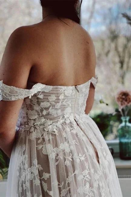 Designer A-line Off-the-shoulder Sleeveless Wedding Dresses With Lace - Image 4