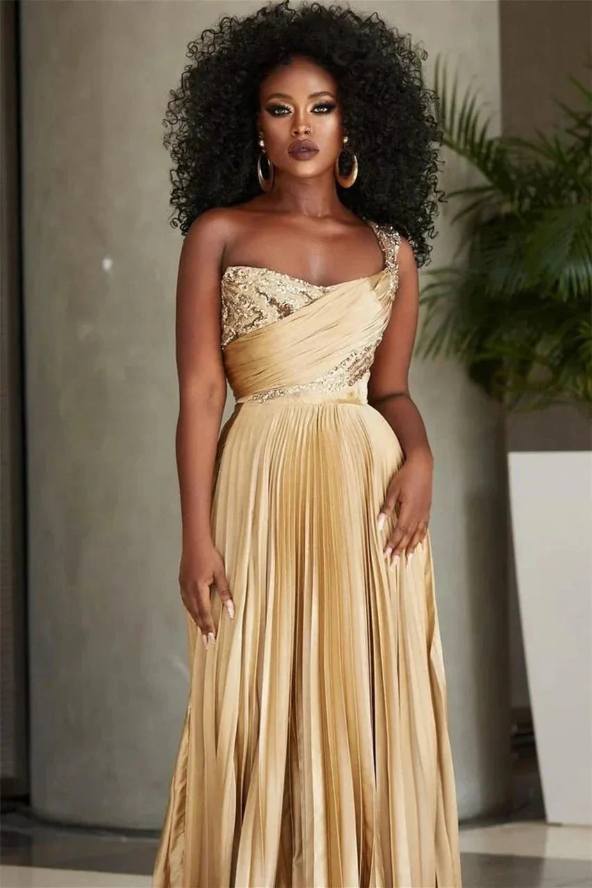 Designer A-line One Shoulder Sequined Prom Dress With Slit - Image 2