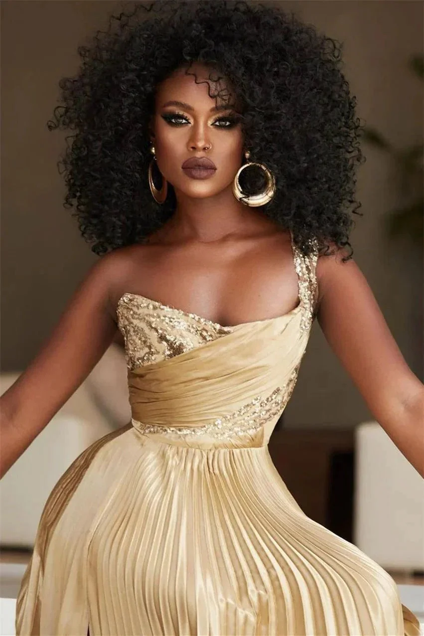 Designer A-line One Shoulder Sequined Prom Dress With Slit - Image 3