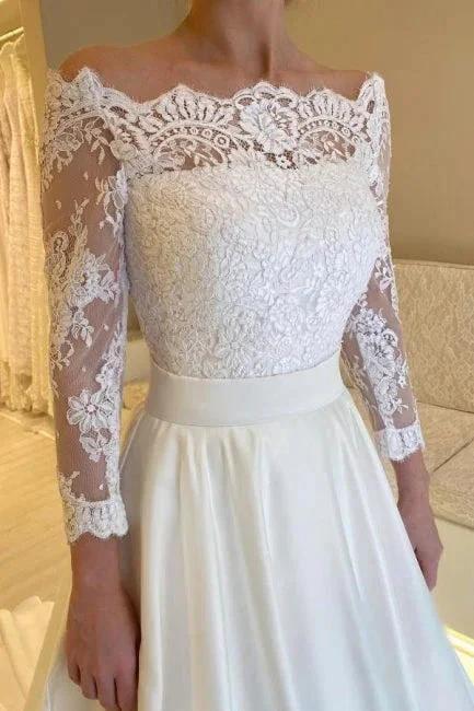 Designer A-Line Satin Lace Long Sleeve White Wedding Dress With Appliques - Image 2