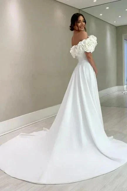 Designer A-Line Satin Off-The-Shoulder Sleeveless White Wedding Dresses With Split - Image 2