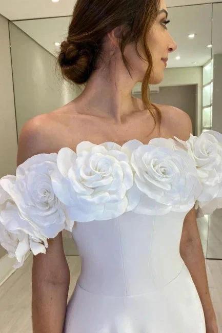 Designer A-Line Satin Off-The-Shoulder Sleeveless White Wedding Dresses With Split - Image 3