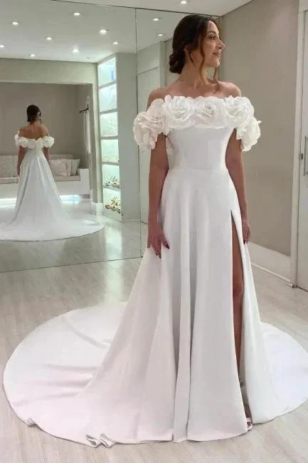 Designer A-Line Satin Off-The-Shoulder Sleeveless White Wedding Dresses With Split - Image 4