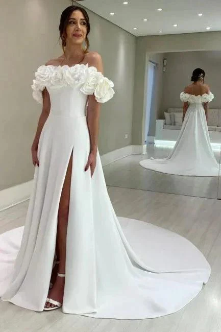 Designer A-Line Satin Off-The-Shoulder Sleeveless White Wedding Dresses With Split - Image 5