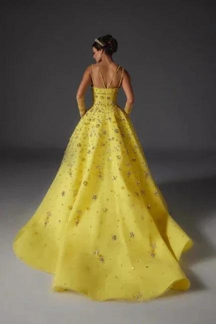 Designer A-Line Satin V-Neck Sleeveless Yellow Prom Dresses With Beading - Image 2