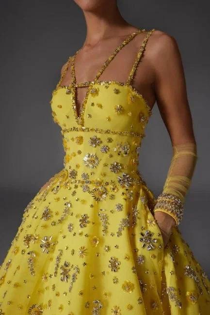 Designer A-Line Satin V-Neck Sleeveless Yellow Prom Dresses With Beading - Image 3