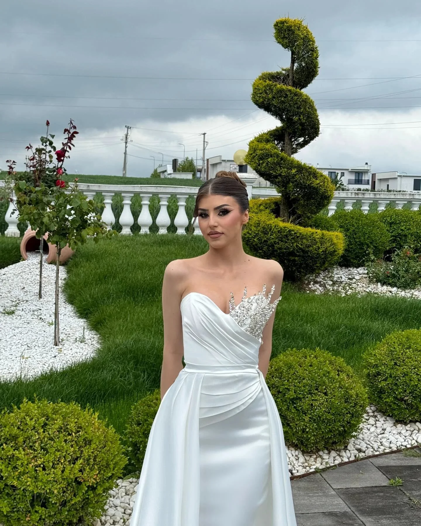 Designer A-Line Sweetheart Sleeveless Rhinestone Satin White Wedding Dress - Image 2
