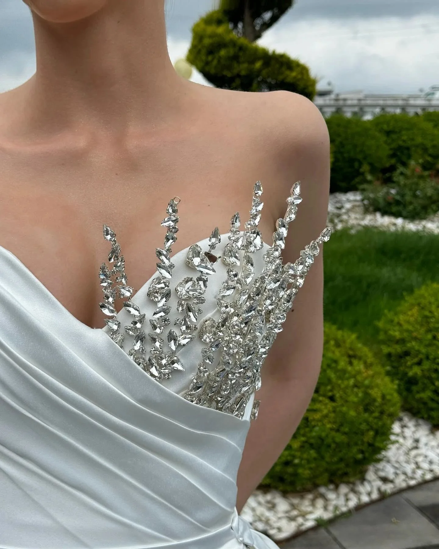 Designer A-Line Sweetheart Sleeveless Rhinestone Satin White Wedding Dress - Image 3