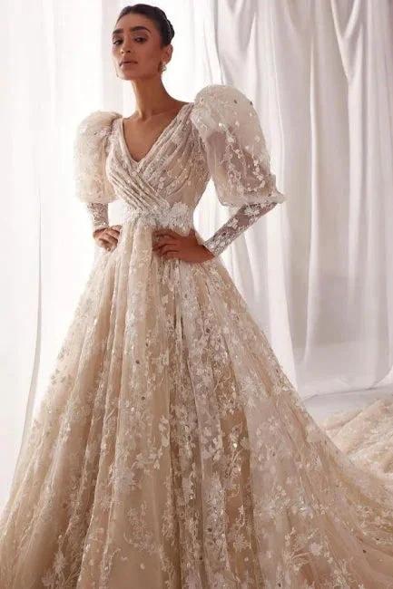 Designer A-Line Tulle Lace V-Neck Long Sleeve Wedding Dress With Appliques Ruffles - Image 2