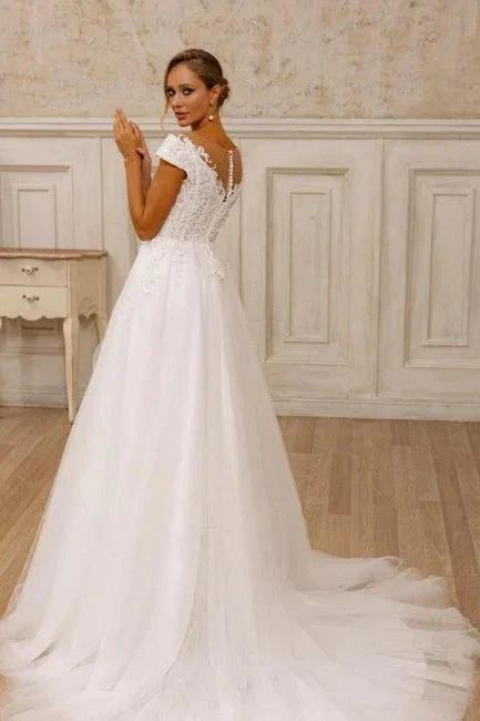 Designer A-Line Tulle Lace V-Neck Sleeveless White Wedding Dress With Appliques - Image 2