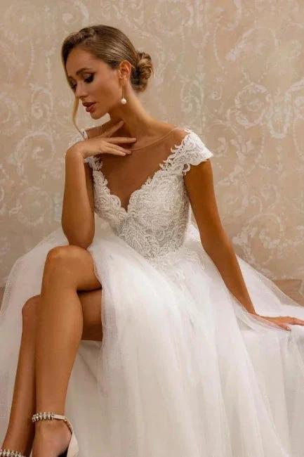 Designer A-Line Tulle Lace V-Neck Sleeveless White Wedding Dress With Appliques - Image 3