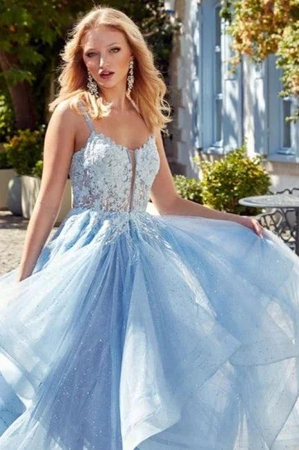 Designer A-Line Tulle Satin Scoop Sleeveless Prom Dress With Rhinestone - Image 2