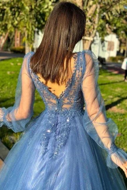 Designer A-Line Tulle V-Neck Long Sleeve Prom Dress With Appliques - Image 2