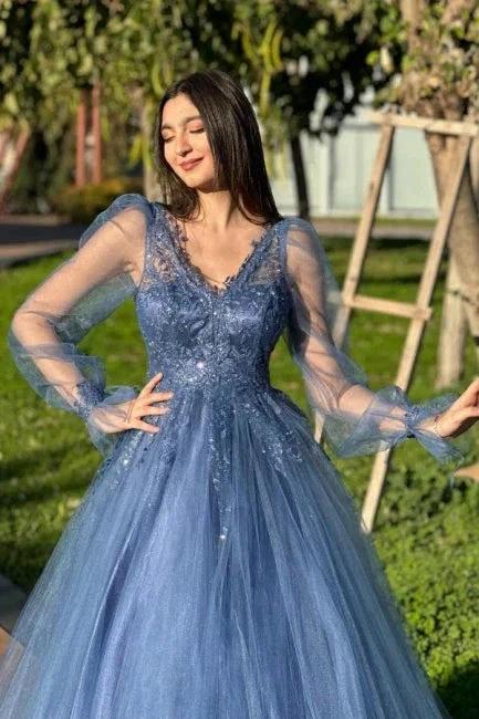 Designer A-Line Tulle V-Neck Long Sleeve Prom Dress With Appliques - Image 3