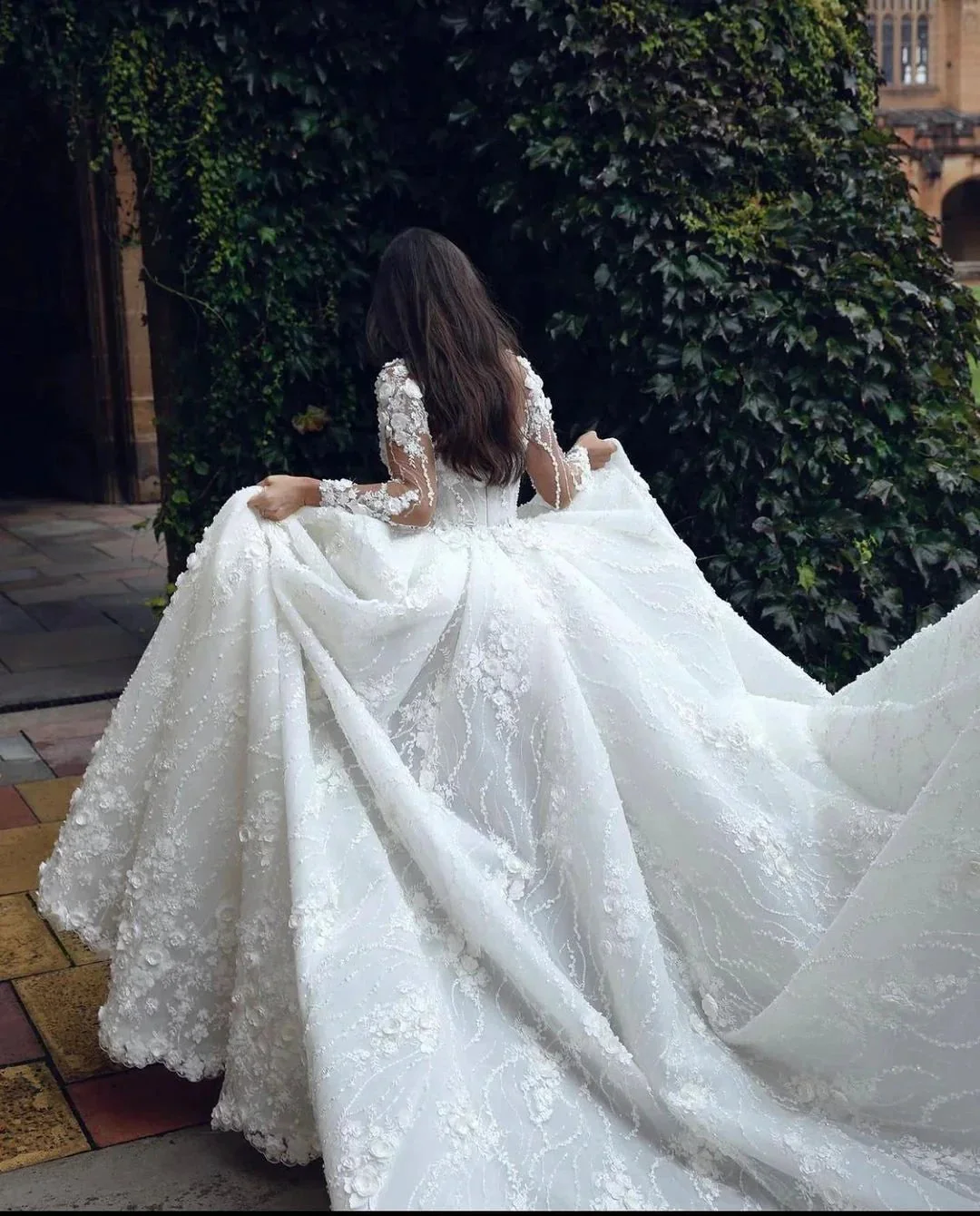 Designer A-line White Long Sleeves Lace Appliques Wedding Dress With Train - Image 2