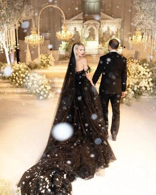 Designer Black A-Line Off-the-shoulder Glitter Wedding Dresses With Lace - Image 3