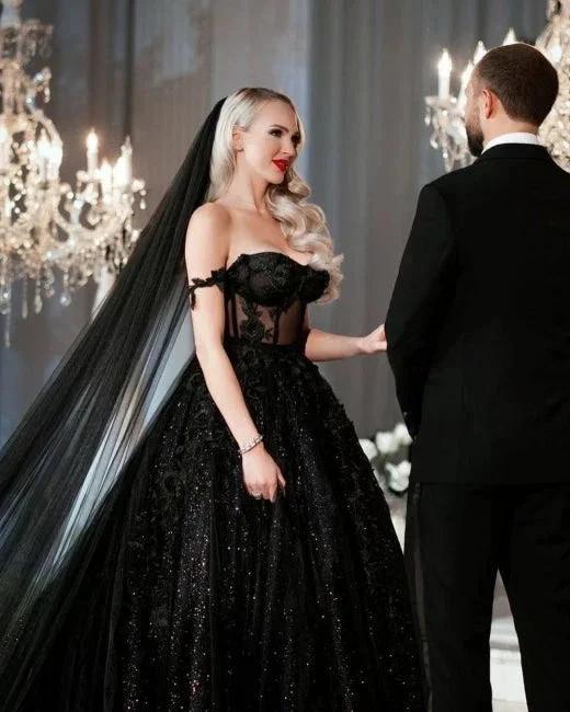 Designer Black A-Line Off-the-shoulder Glitter Wedding Dresses With Lace - Image 4