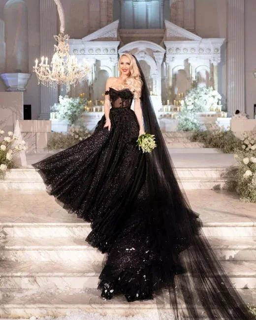 Designer Black A-Line Off-the-shoulder Glitter Wedding Dresses With Lace - Image 7