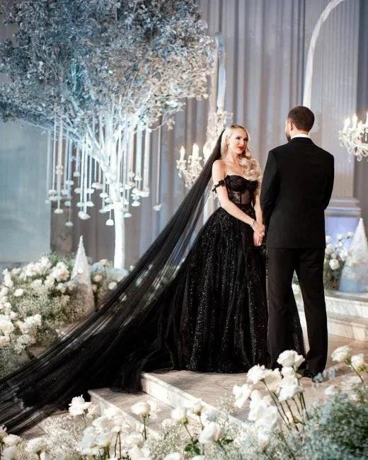 Designer Black A-Line Off-the-shoulder Glitter Wedding Dresses With Lace - Image 8