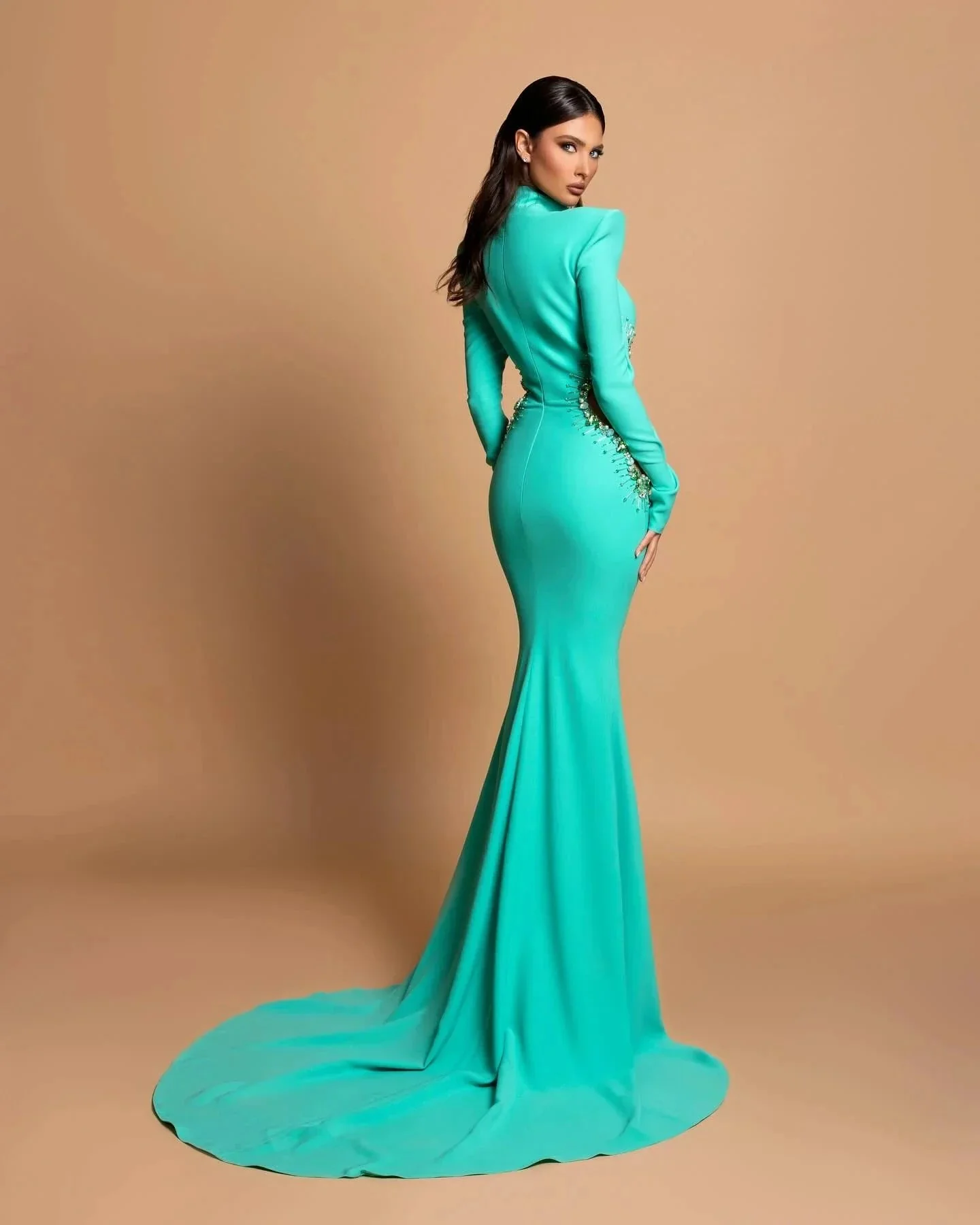 Designer Column High Neck Long Sleeve Beading Satin Prom Dress - Image 4