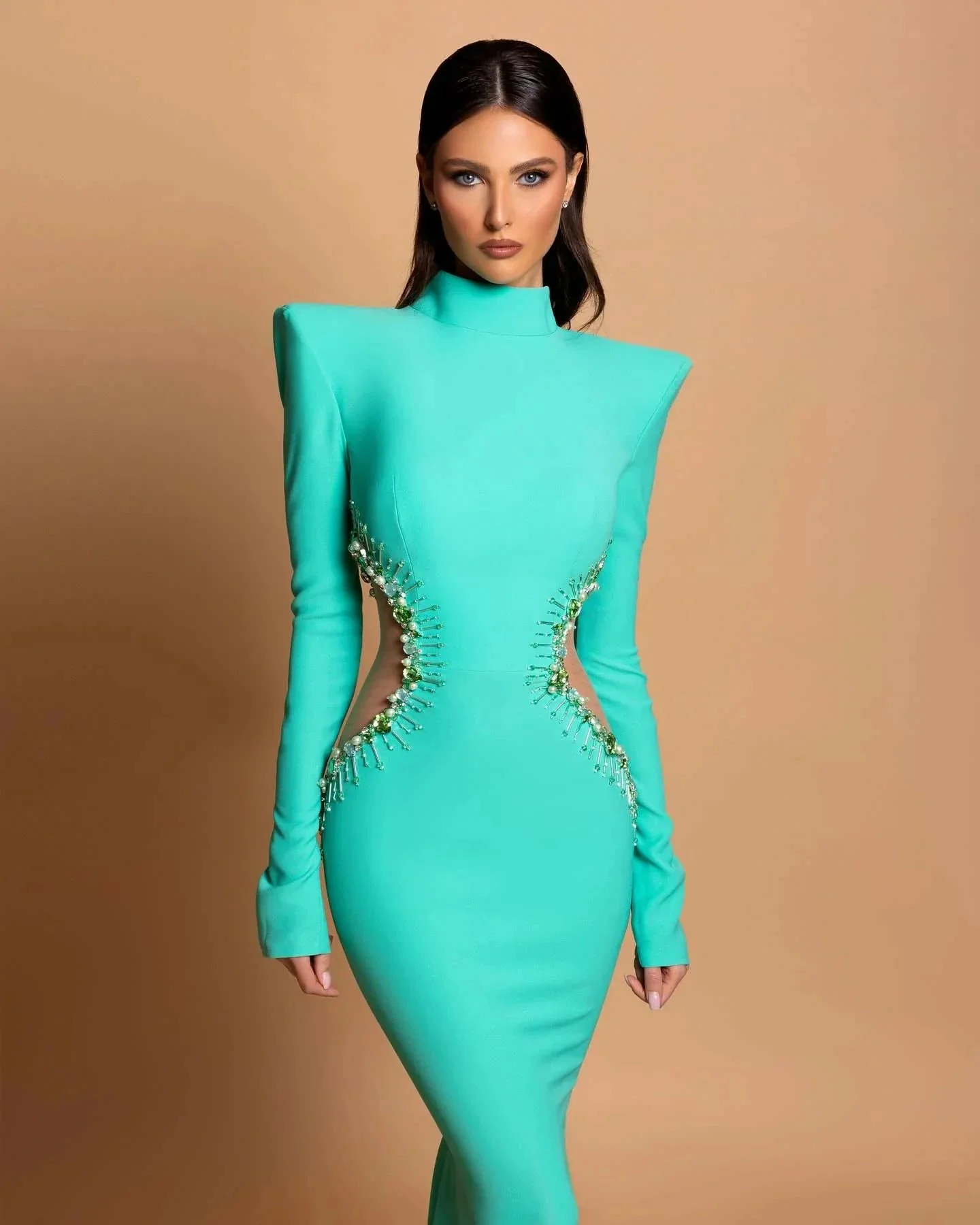Designer Column High Neck Long Sleeve Beading Satin Prom Dress - Image 5