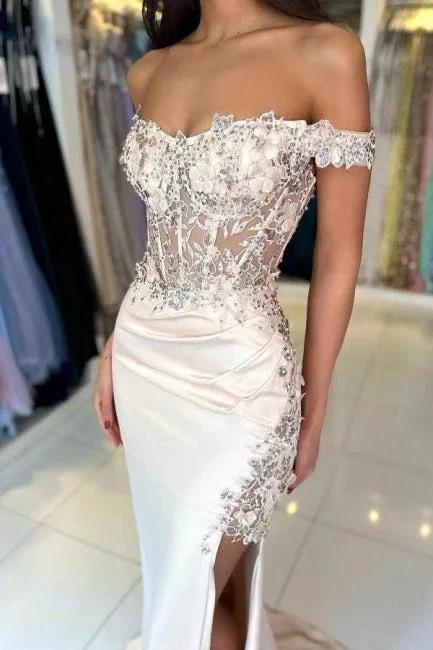 Designer Column Lace Off-The-Shoulder Sleeveless Prom Dress With Split Front - Image 2