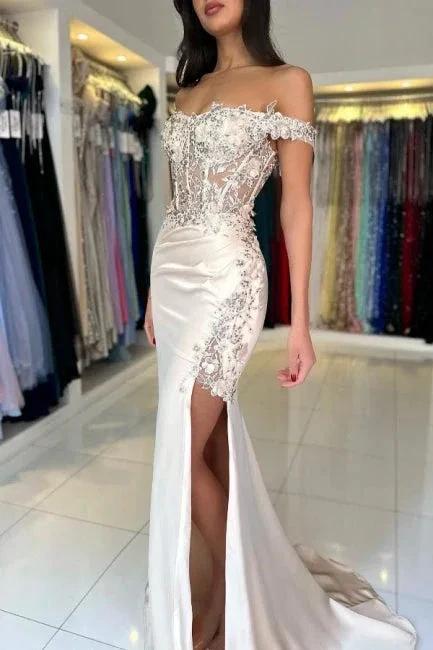 Designer Column Lace Off-The-Shoulder Sleeveless Prom Dress With Split Front - Image 4