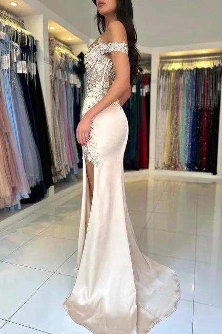 Designer Column Lace Off-The-Shoulder Sleeveless Prom Dress With Split Front - Image 5