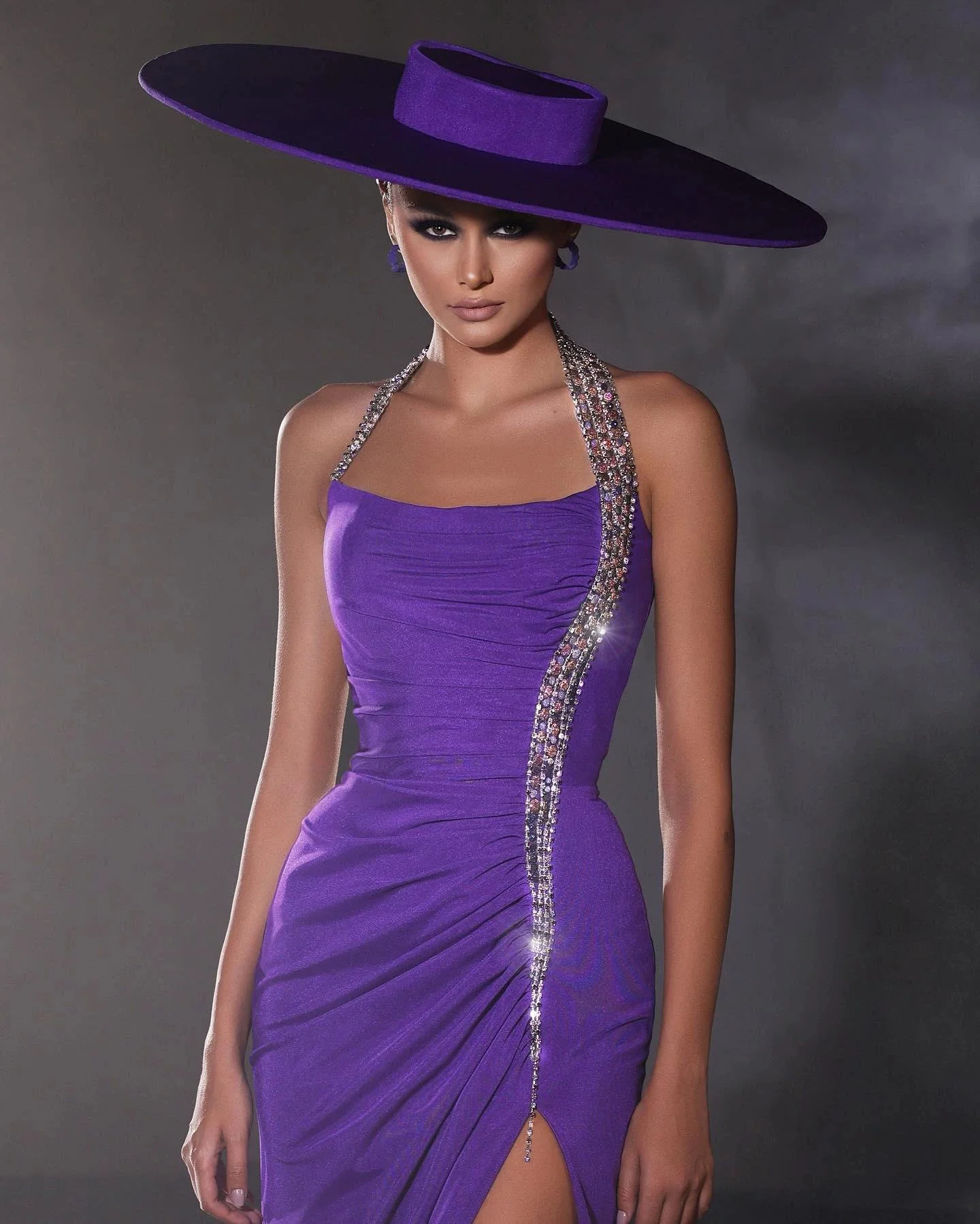 Designer Column Satin Halter Sleeveless Purple Prom Dress With Beading Split - Image 2