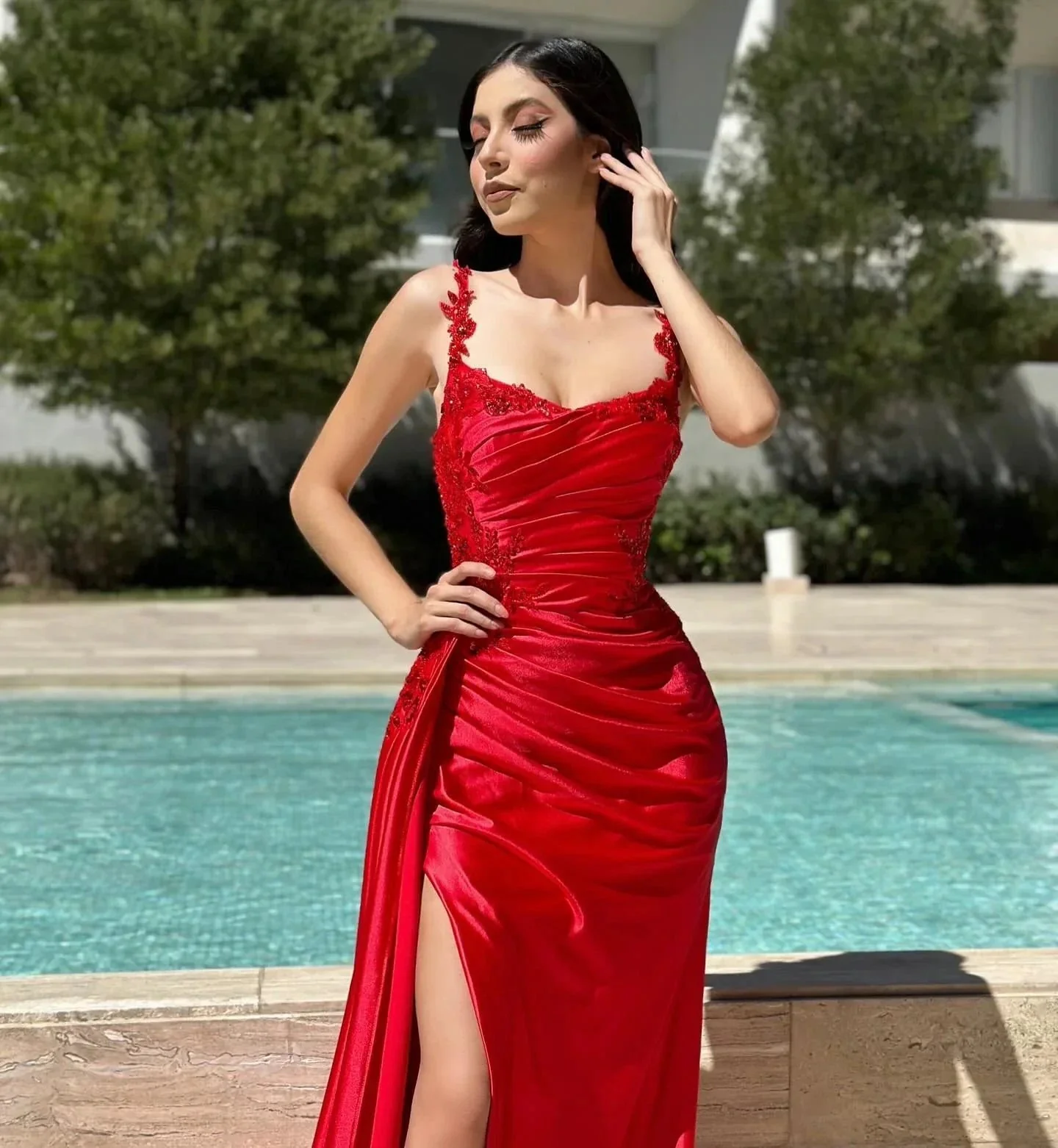 Designer Column Satin Off-The-Shoulder Sleeveless Prom Dress With Ruffles Split Front - Image 5