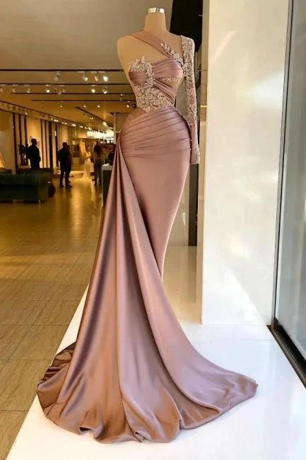 Designer Column Satin One Shoulder Long Sleeve Prom Dresses With Ruffles - Image 2
