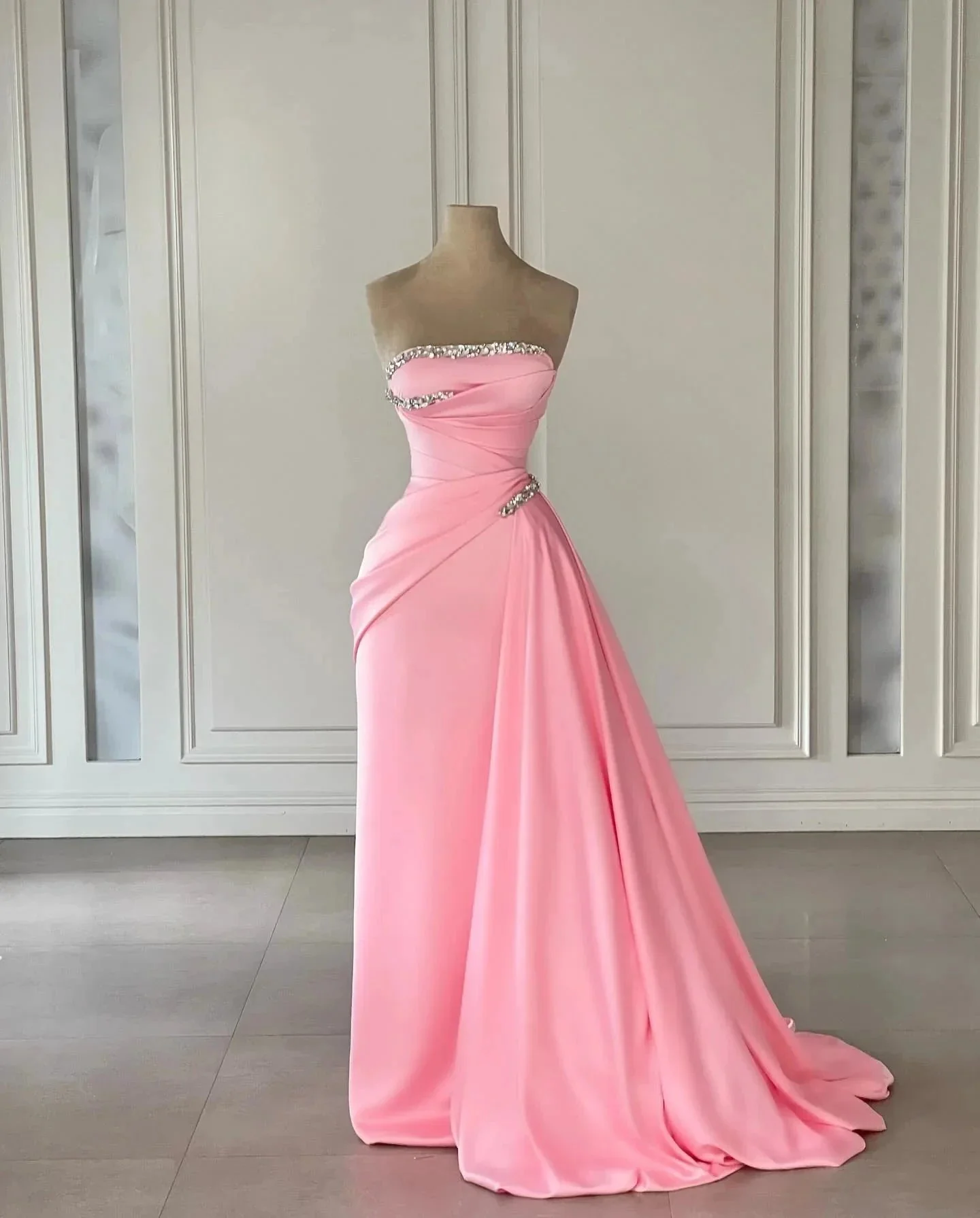 Designer Column Satin Strapless Sleeveless Pink Prom Dresses With Rhinestone - Image 2
