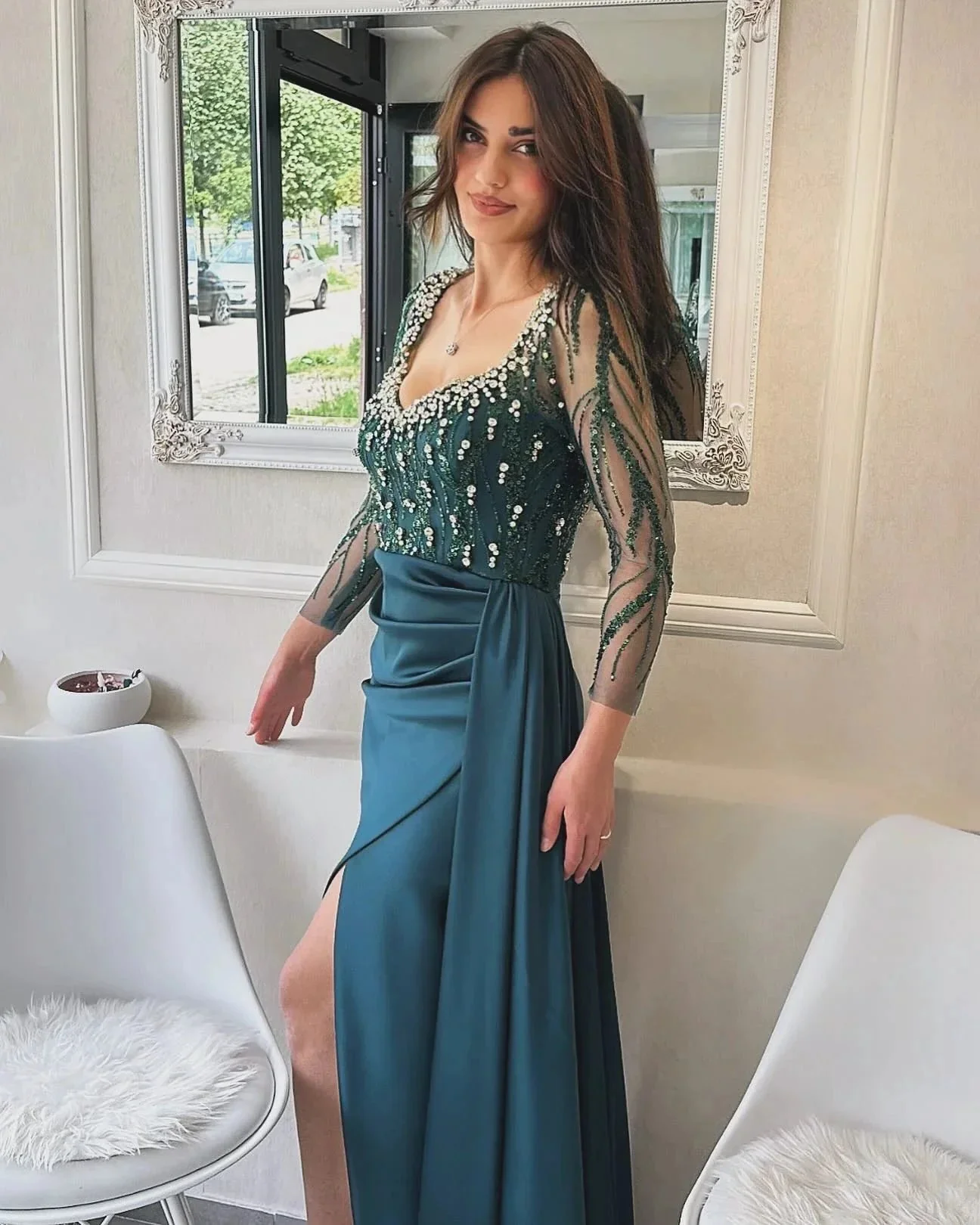 Designer Column Scoop Long Sleeve Rhinestone Satin Tulle Split Prom Dresses - Image 3