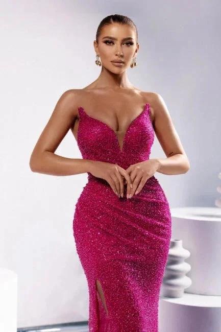 Designer Column Sequined V-Neck Sleeveless Prom Dress With Split Front - Image 2
