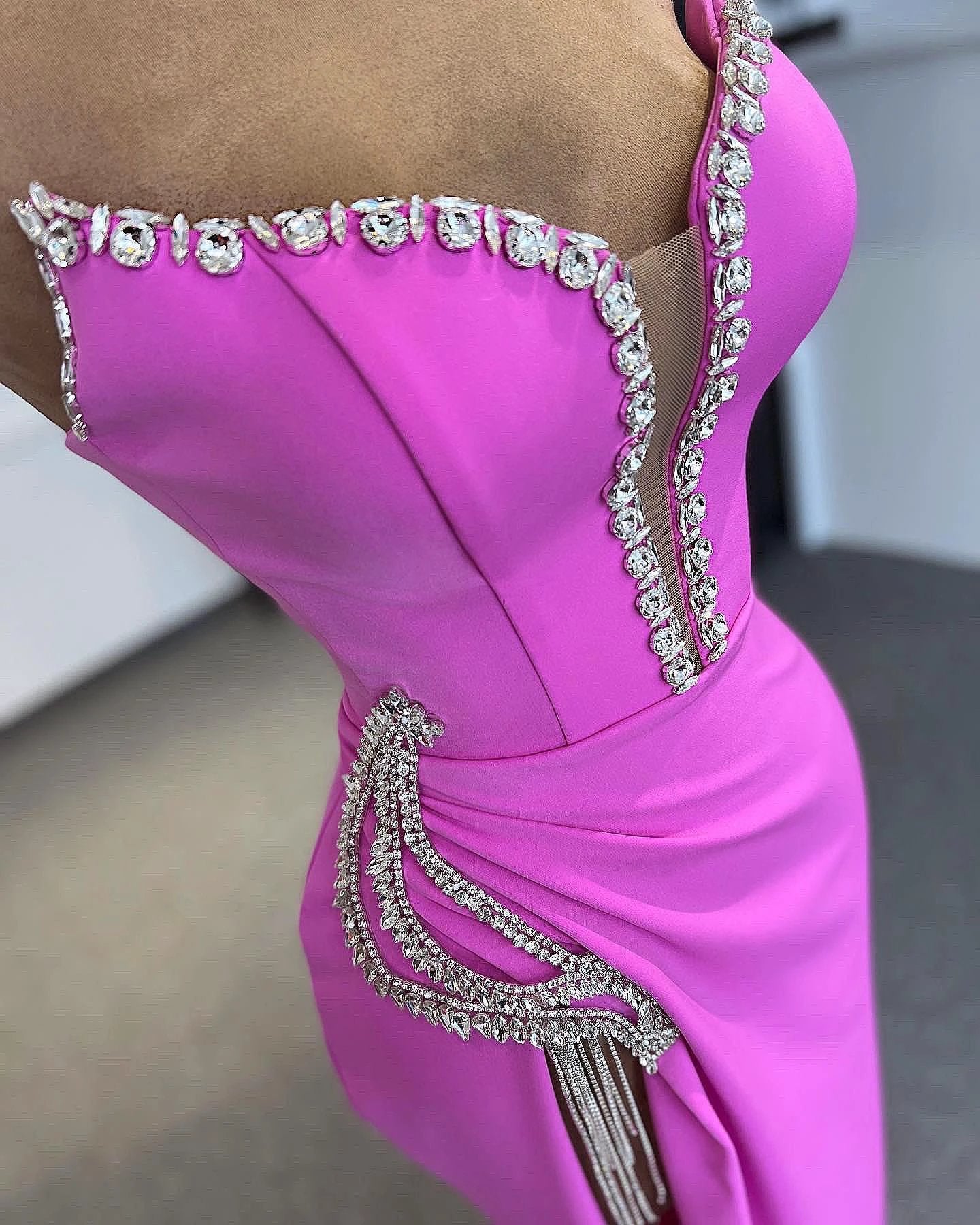 Designer Column Strapless Sleeveless Rhinestone Tulle Satin Split Front Prom Dresses - Image 2