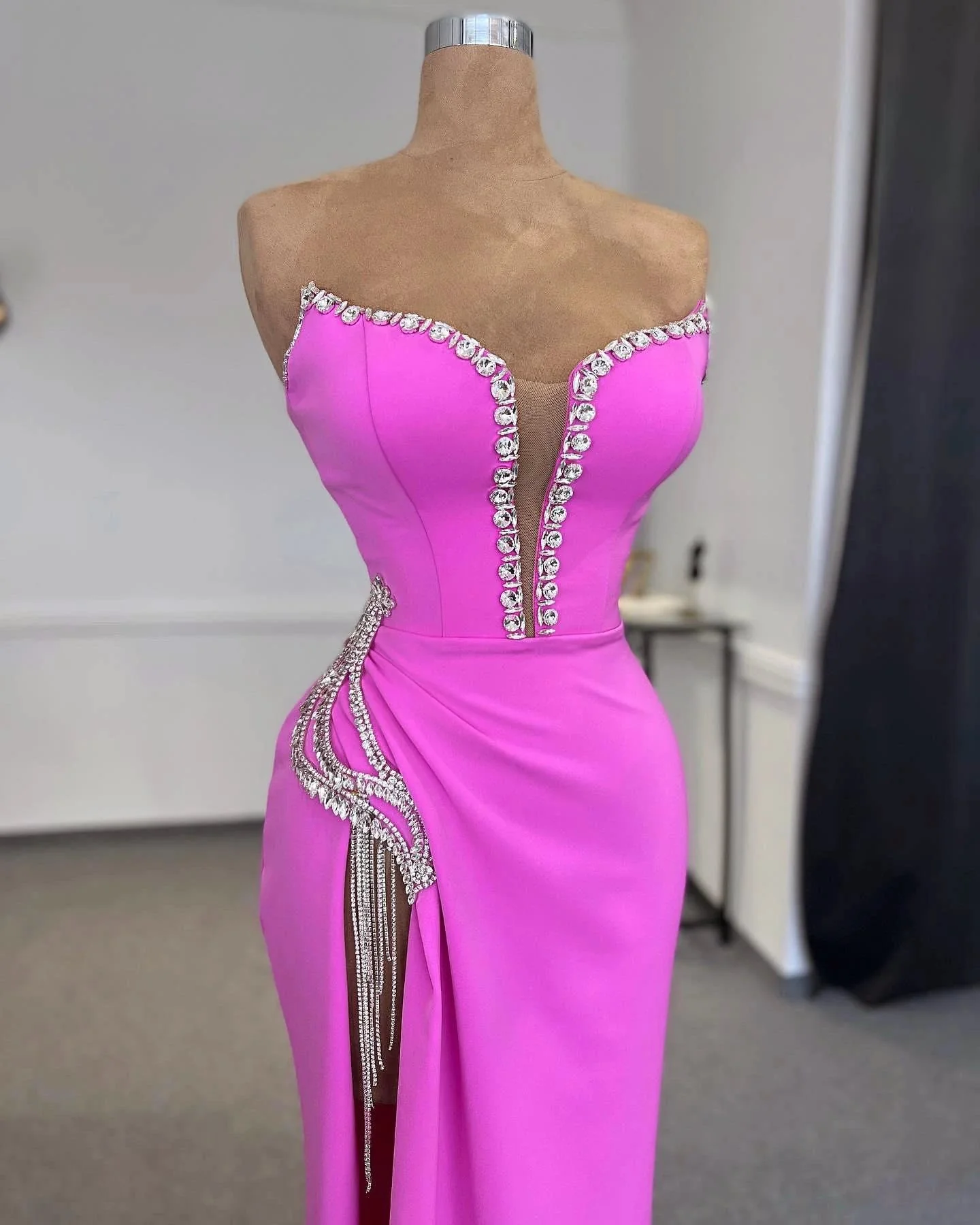 Designer Column Strapless Sleeveless Rhinestone Tulle Satin Split Front Prom Dresses - Image 3