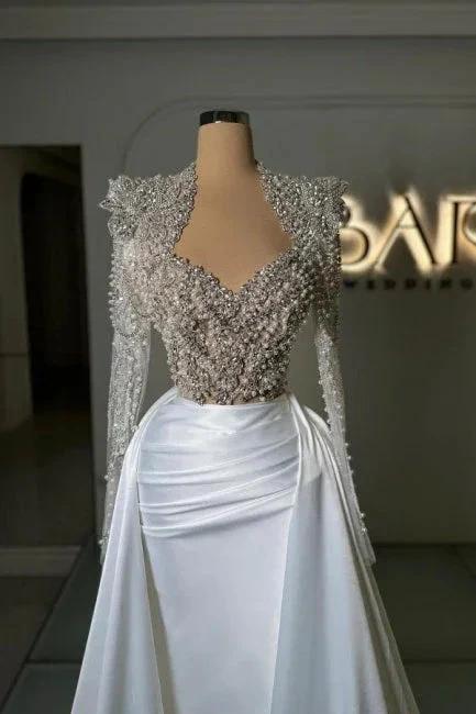 Designer Column Tulle Satin Sweetheart Long Sleeve Prom Dress With Rhinestone - Image 2