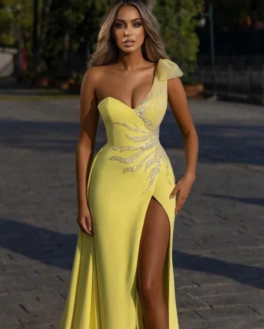 Designer Elegant Long Yellow Split Prom Dresses with Glitter - Image 2